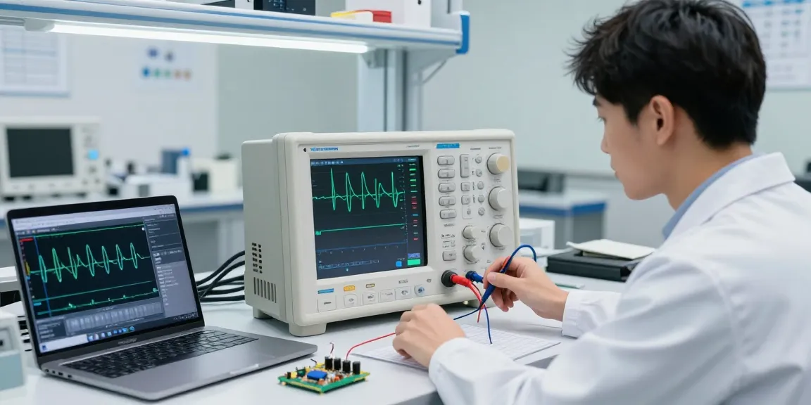 Engineer analyzing signals using an oscilloscope for signal analysis in a modern lab environment.
