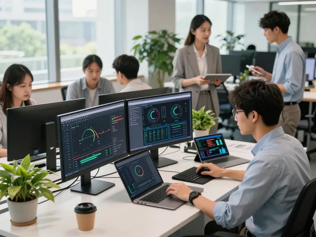 快连 network performance analysis in a dynamic office with professionals collaborating on tech advancements.