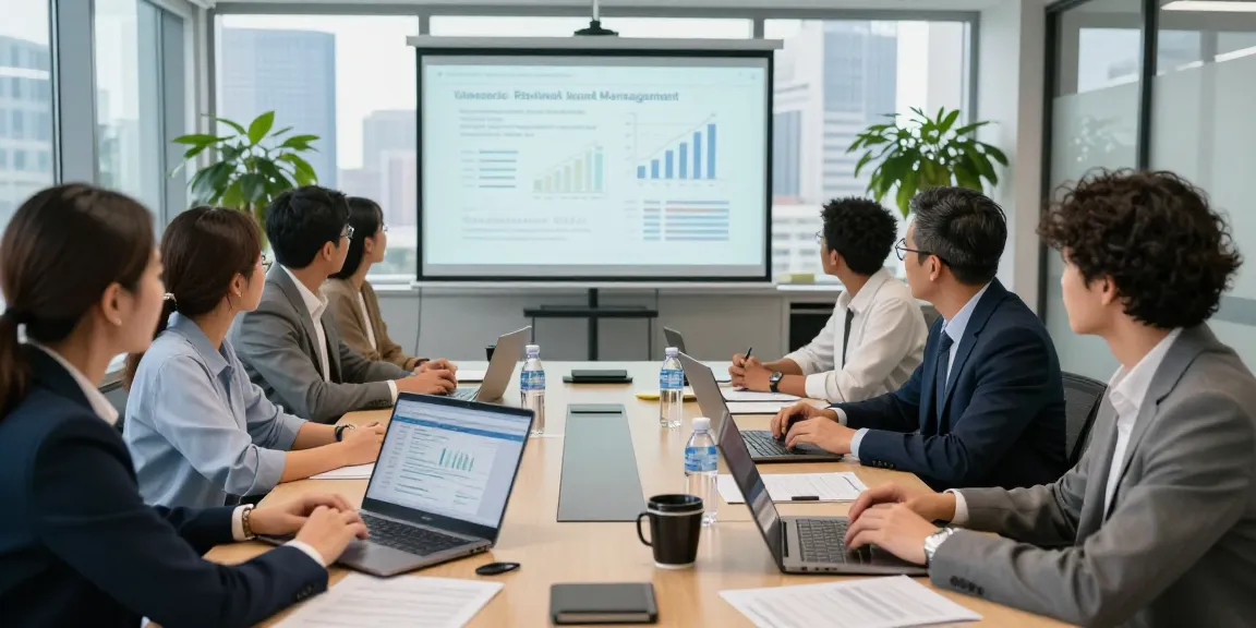 Contabilitate ONG: echipă profesională colaborează la birou, evaluând rapoarte financiare.