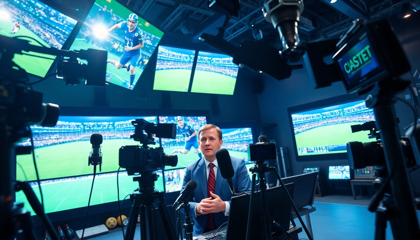 Dynamic setup in sports broadcasting studio showcasing live sports events with advanced technology.