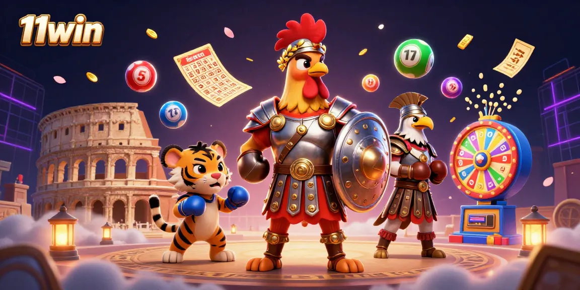 Win big with 11win's exciting lottery scene featuring animated characters and vibrant elements.