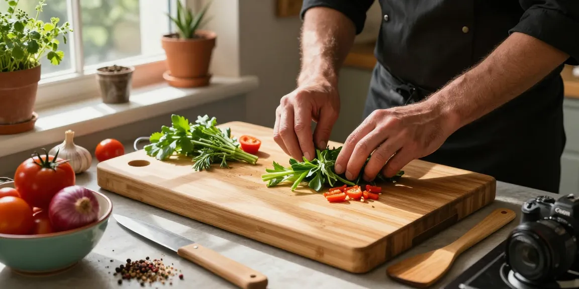 Bamboo cutting boards featured in a rustic kitchen with chef preparing fresh vegetables.