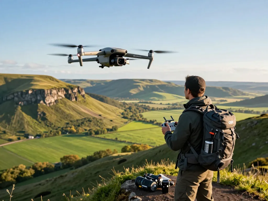 DJI Mavic 3E capturing stunning aerial views of rugged landscape with advanced zoom features.