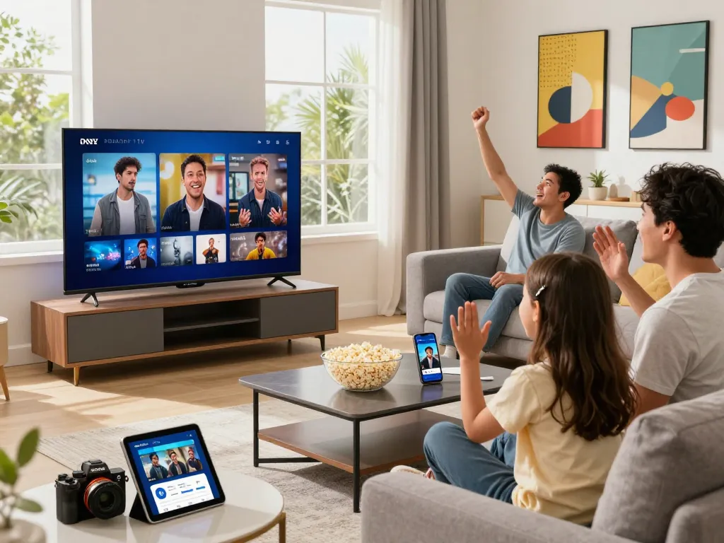 Family enjoying smart IPTV streaming in a modern living room with vibrant decor.