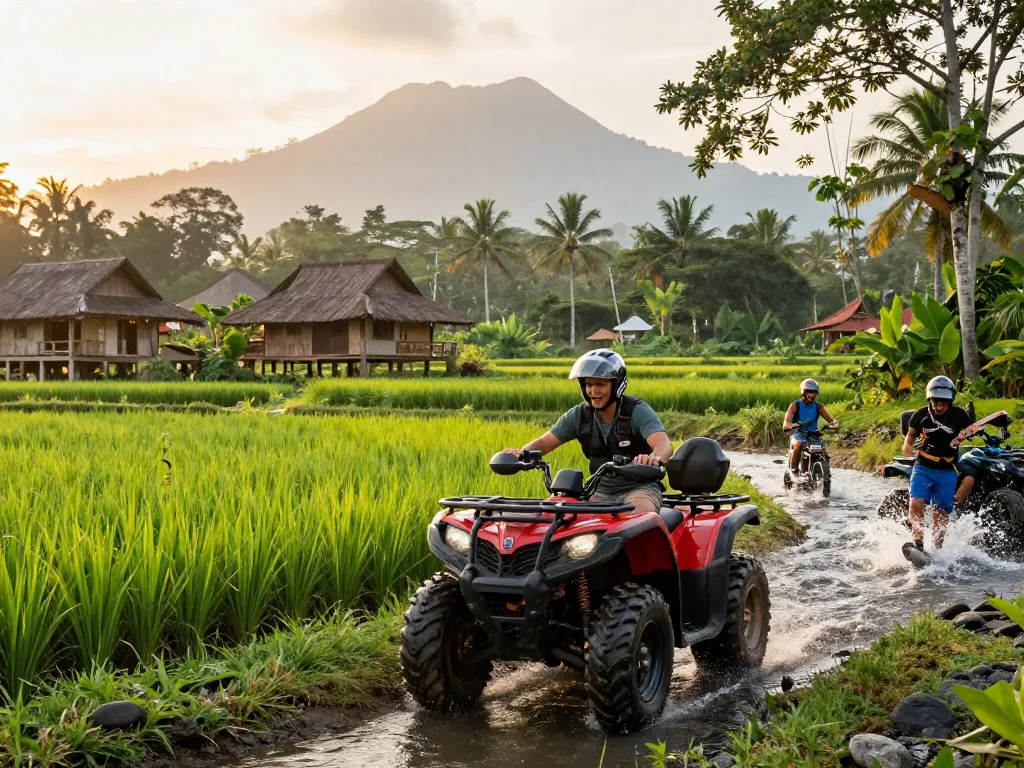 Exciting ATV adventure showcasing the best Bali tour packages through jungles and rice fields.