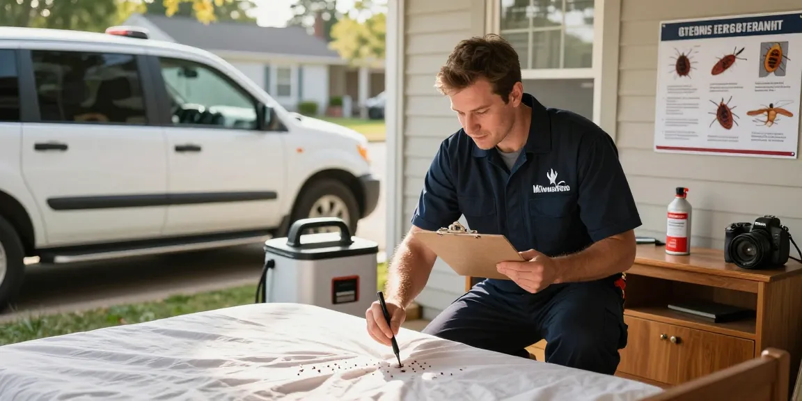 Bed bug control scene with exterminator inspecting furniture for bed bugs in Milwaukee, emphasizing professionalism and discretion.