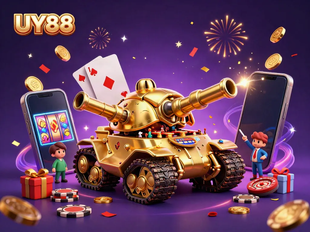 Experience thrilling gameplay with UY88's vibrant casino scene featuring a golden beetle tank and dynamic slot games.