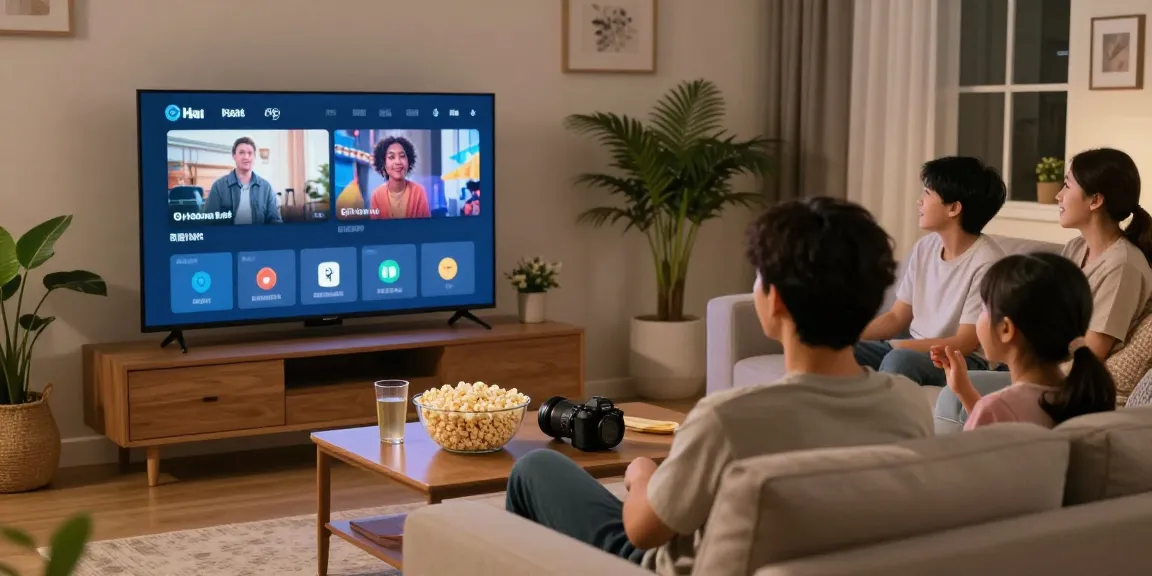Pikashow APK streaming interface displayed while family enjoys movie night in a cozy living room.
