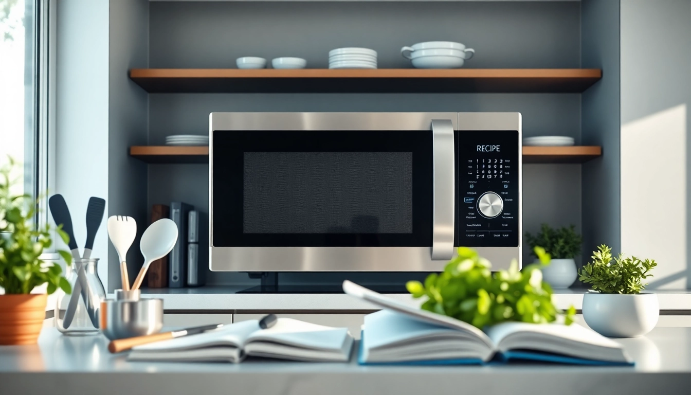 Engaging microwave oven sales display in a contemporary kitchen design.