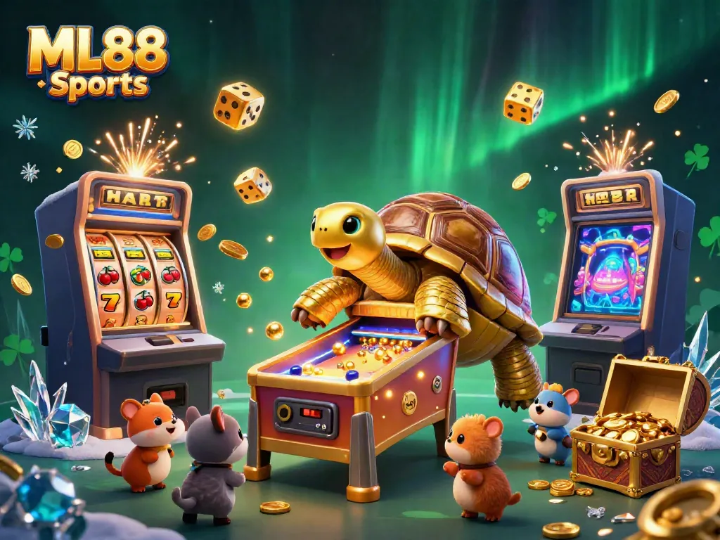 Experience the excitement of ML88 Sports betting with golden tortoise and slot machines bursting with winnings.