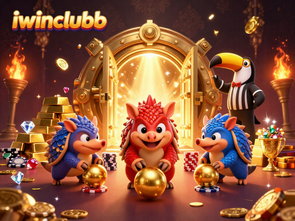 iwinclubb highlights lively pangolins bowling in a vibrant casino setting, surrounded by treasure and gems.