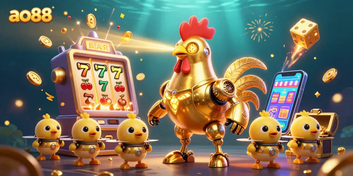Win big at ao88 with an energetic scene of a golden rooster robot and casino excitement.