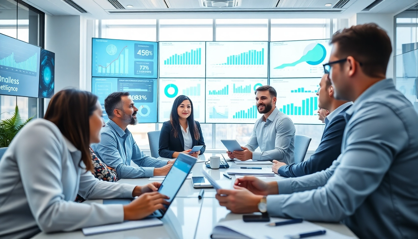 Implementing b2b competitive intelligence strategies in a modern office environment with analysts engaged.