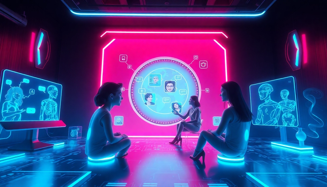 Engaging AI chat experience with Crushon personas in a vibrant digital setting.