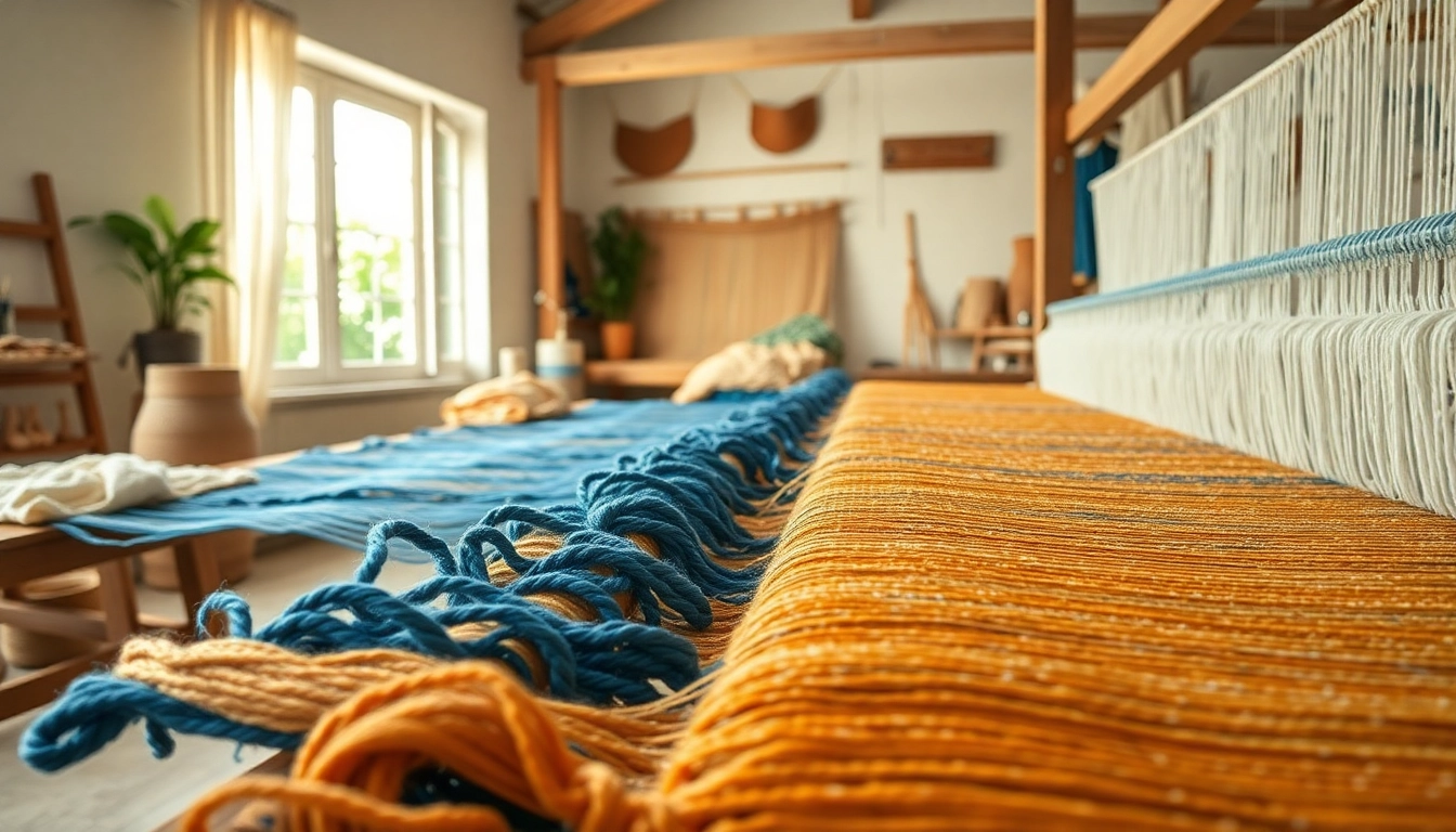 Artisan weaving katoen in a warm textile workshop, showcasing vibrant colors and craftsmanship.