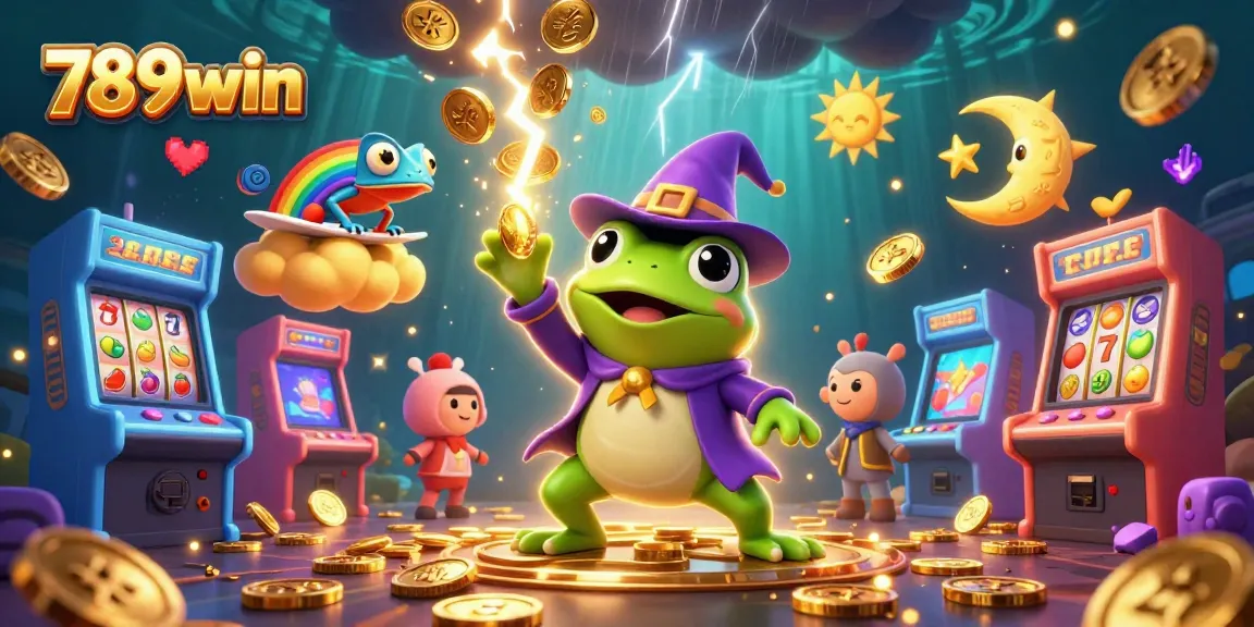 Engage with thrilling games at 789win, featuring a vibrant scene of a wizard frog amidst a storm of winning coins.