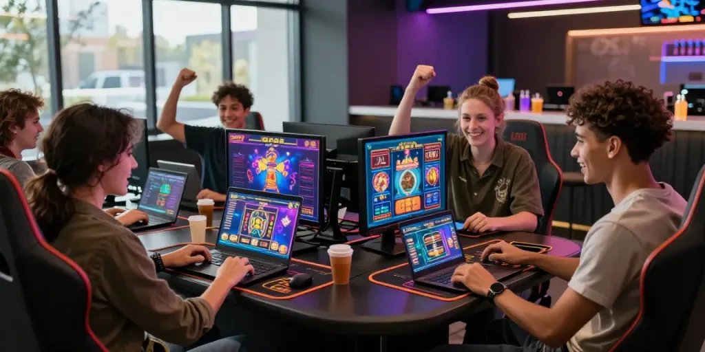 Exciting scene of friends enjoying login situs m88 at a modern gaming lounge with laptops and neon lights.