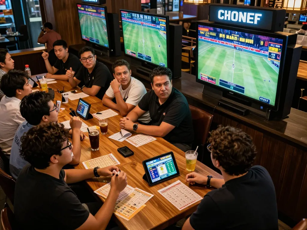 Engaged sports bettors evaluating kèo nhà cái odds during a live game event.