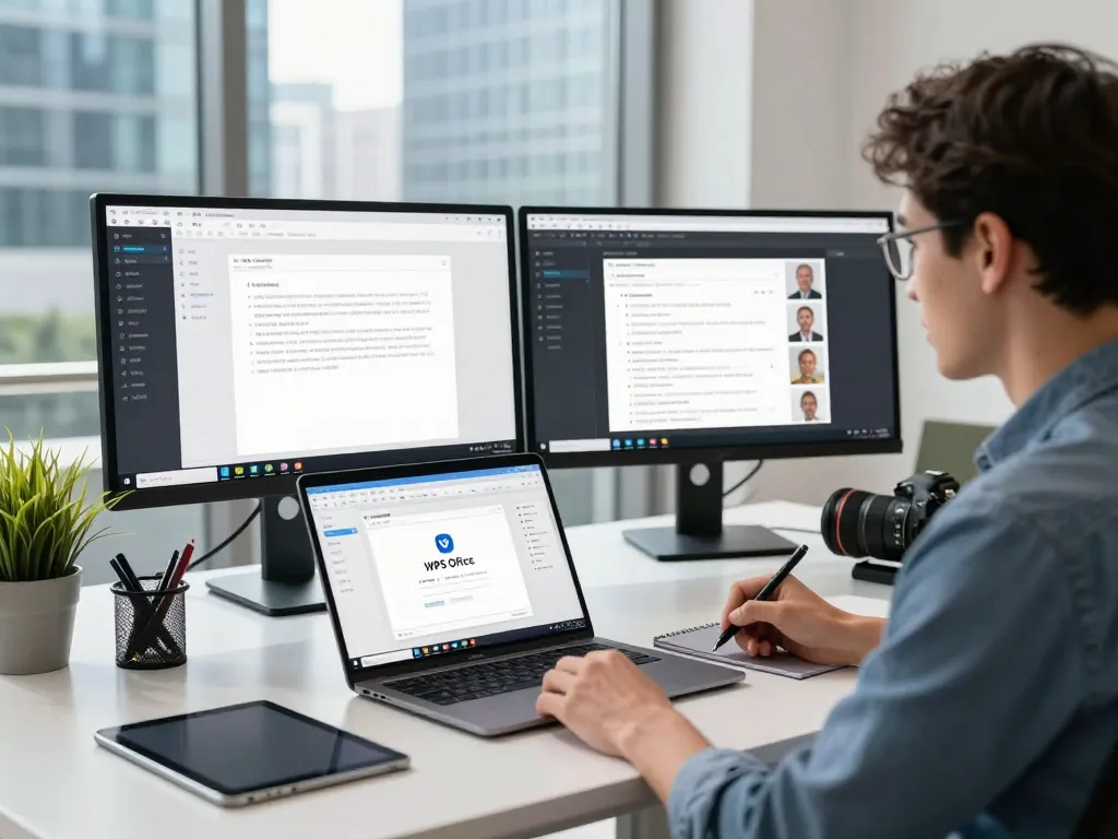 Professional collaboration using WPS官网 in a modern office setting with dynamic editing on multiple screens.