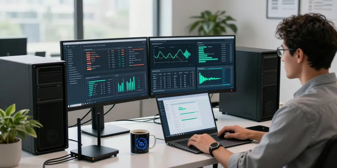 IT specialist managing vds server setup on multiple monitors in modern office