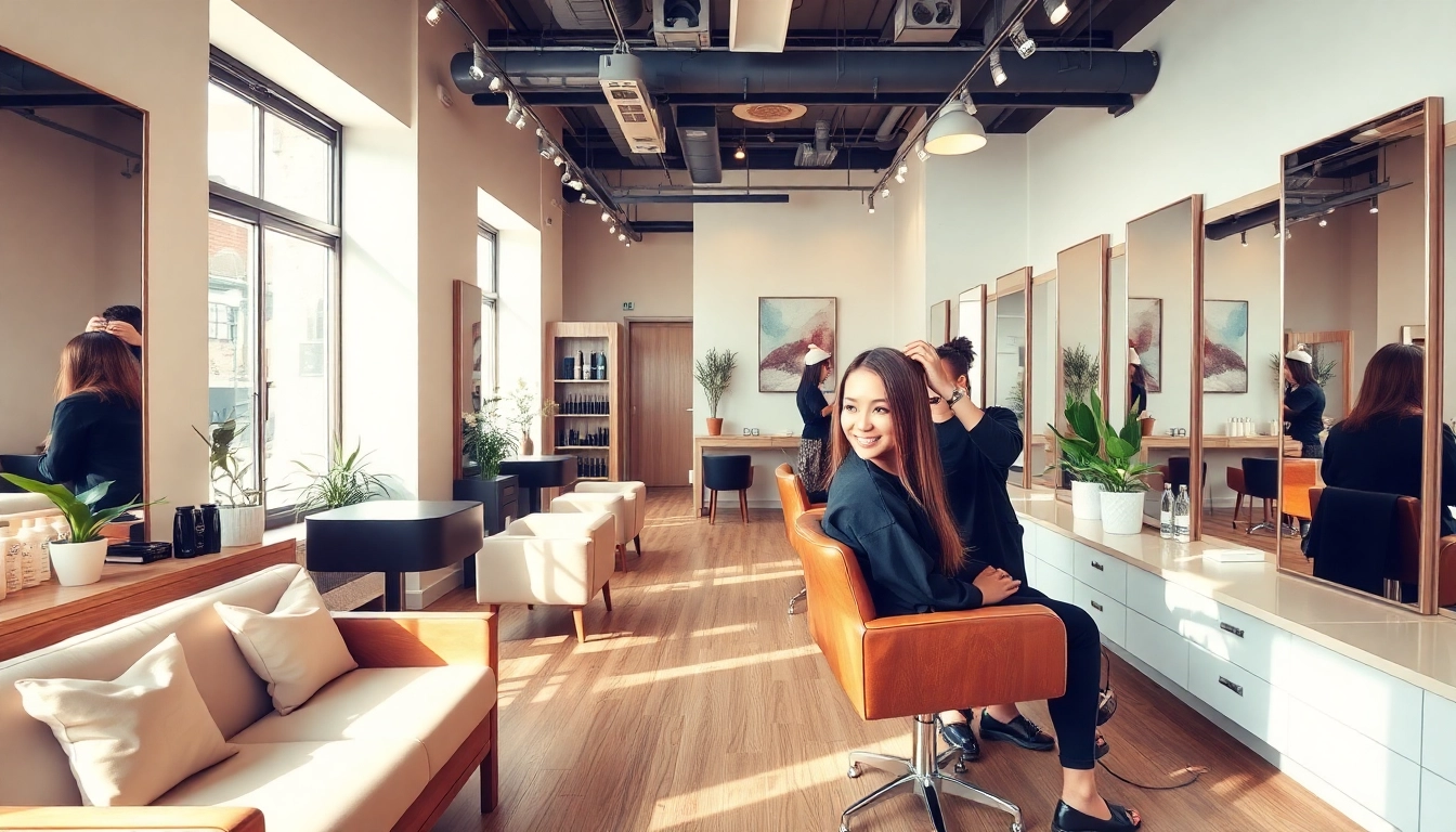 Cabeleireiro perto de mim: A stylish salon interior with a hairstylist at work, offering a welcoming atmosphere.