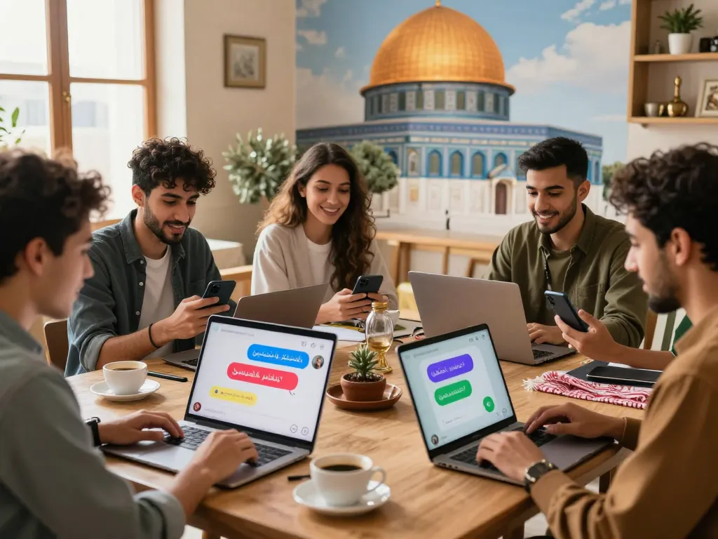 Engaging diversity in دردشة فلسطين online chat scene with young Palestinians connecting through technology.