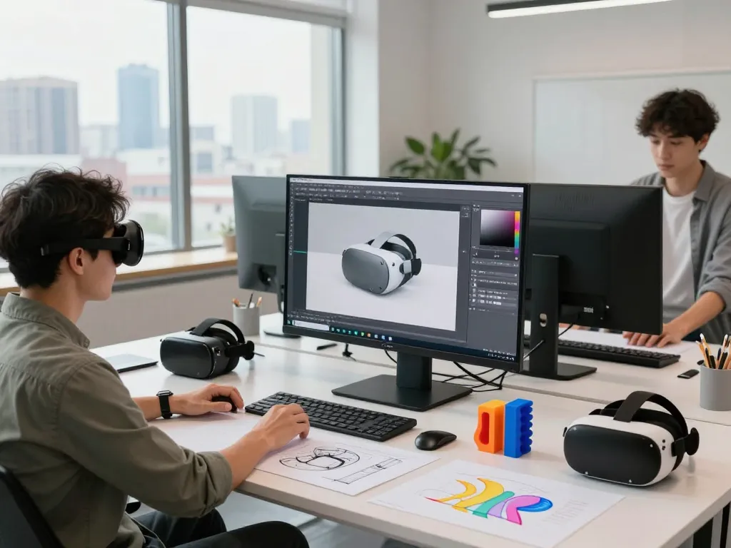 Designer converting a 2D image to 3D model in a creative studio