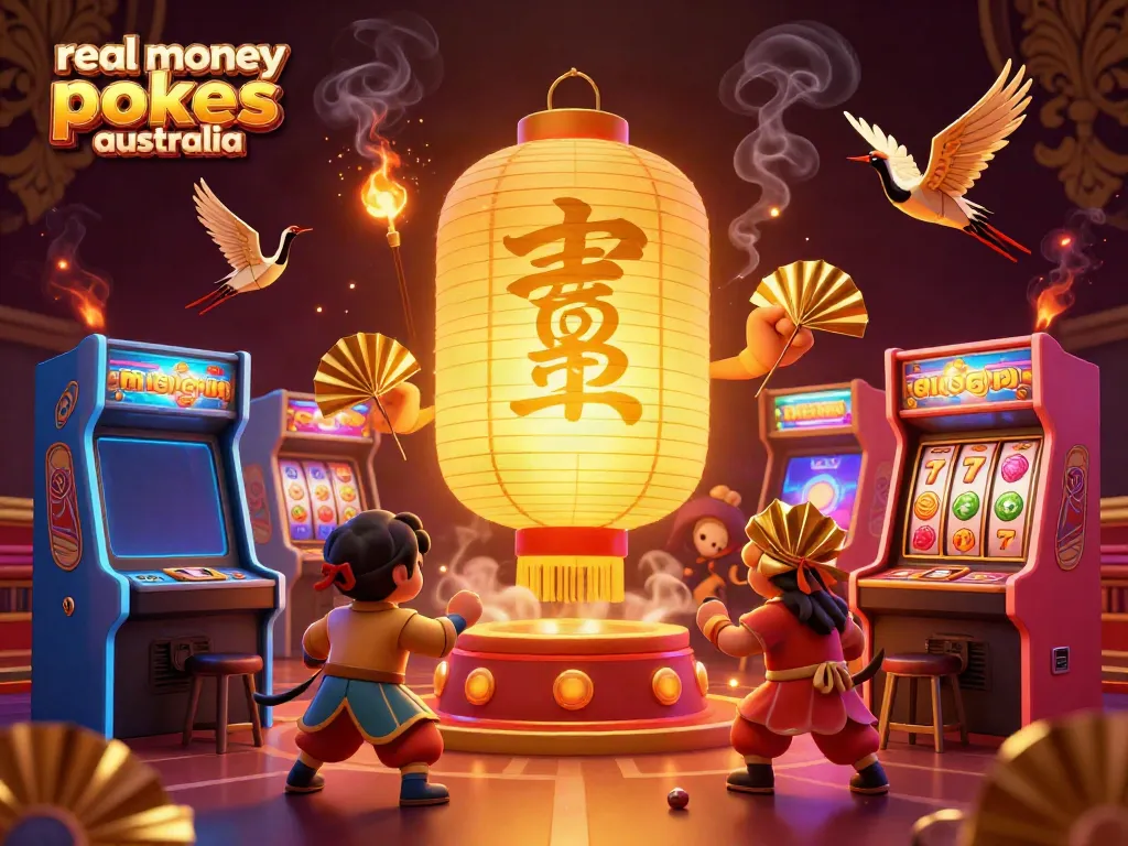 Experience real money pokies australia with vibrant 3D visuals of lively casino action and lucky symbols.