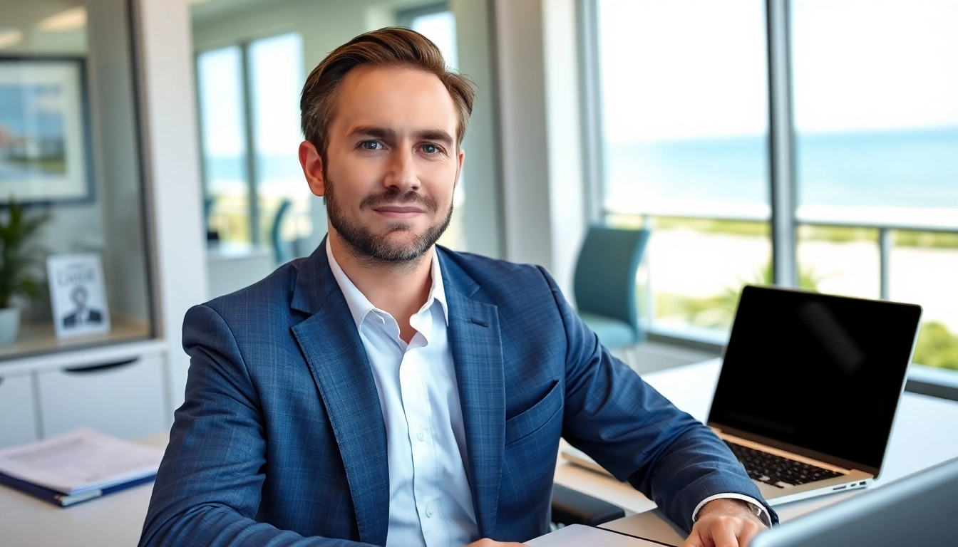 Clearwater truck accident lawyer confidently consulting in a bright office with Clearwater Beach view.