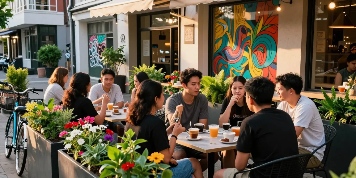 Relaxed café scene at rokok88 with friends enjoying coffee and desserts in urban setting.