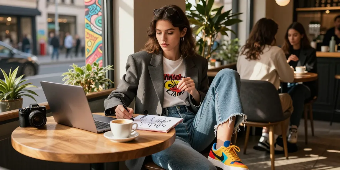 Fashionable woman sketching designs in a café, showcasing urban fashion style.