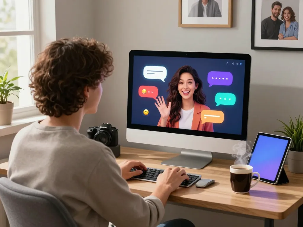 Engaging in conversation with an AI gf on a sleek desktop, showcasing innovative virtual companionship.