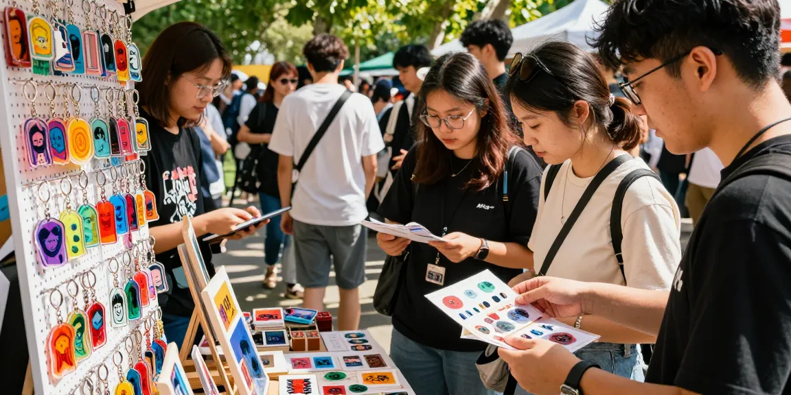 Engaging outdoor market scene showcasing colorful acrylic keychains with diverse shoppers exploring unique designs.