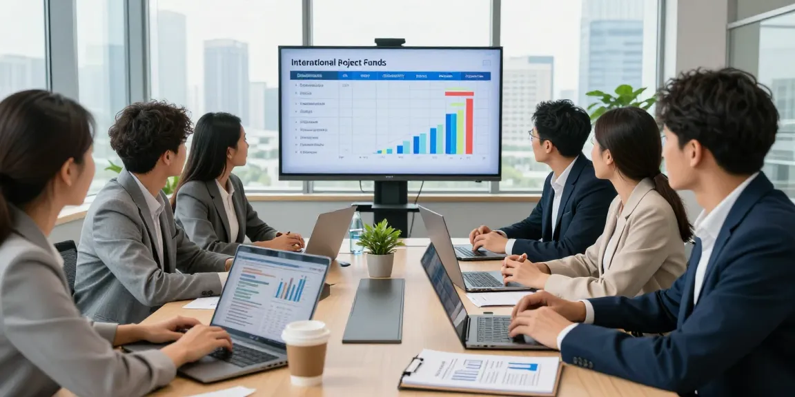 Consultants discussing international project funds in a modern office meeting, highlighting collaboration and strategy.