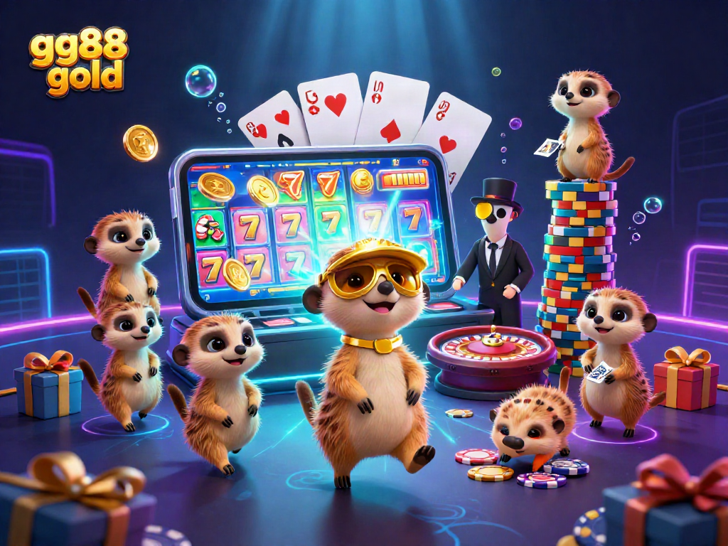 Experience the thrilling excitement of gg88 gold as meerkats engage in casino action with spinning slots and colorful chips.