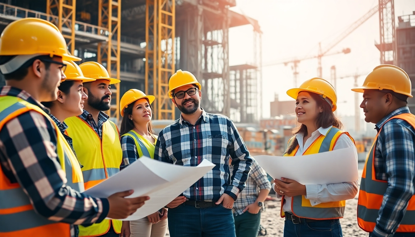Engaged professionals from a construction membership association collaborating on a job site.