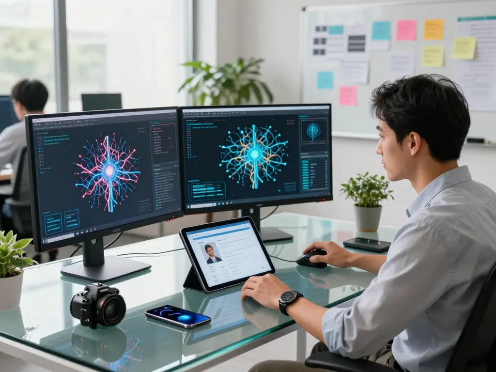 Innovative professional developing mind control ai applications in a modern office setting with advanced technology.