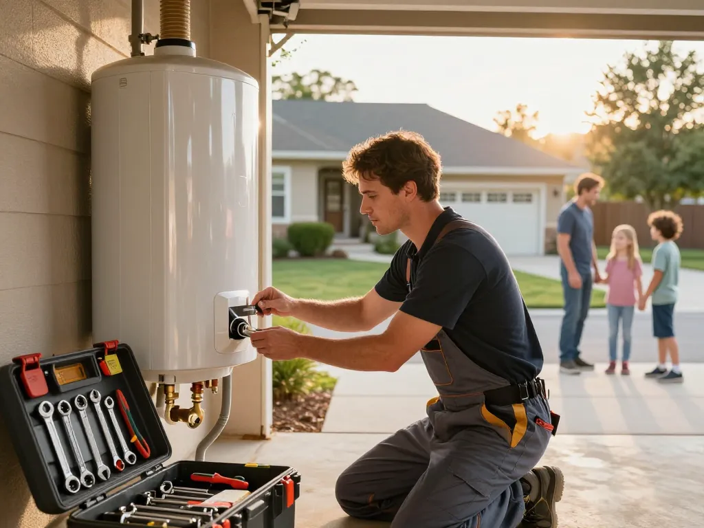 Dedicated pages for plumbing with skilled plumber inspecting a water heater in Boulder City garage.