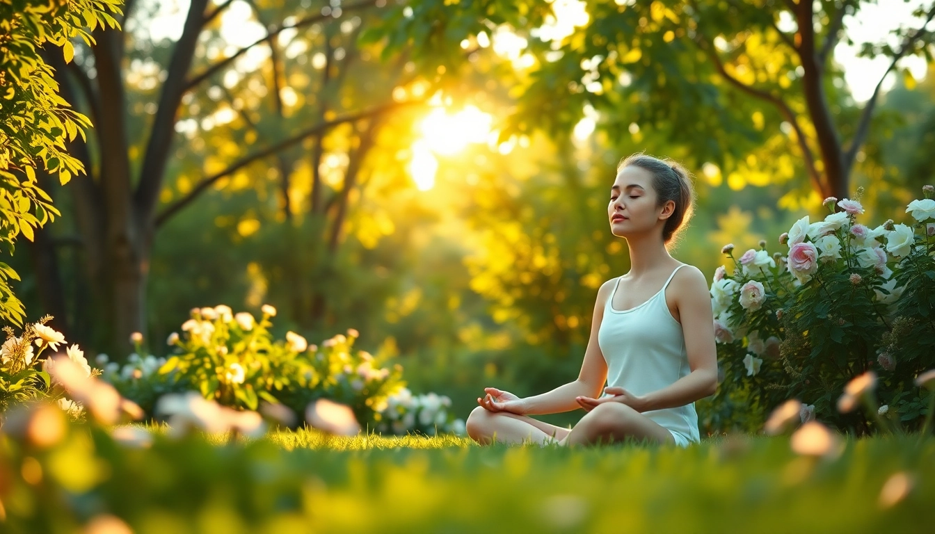 A tranquil setting promoting mental wellness with a person meditating in a peaceful garden.
