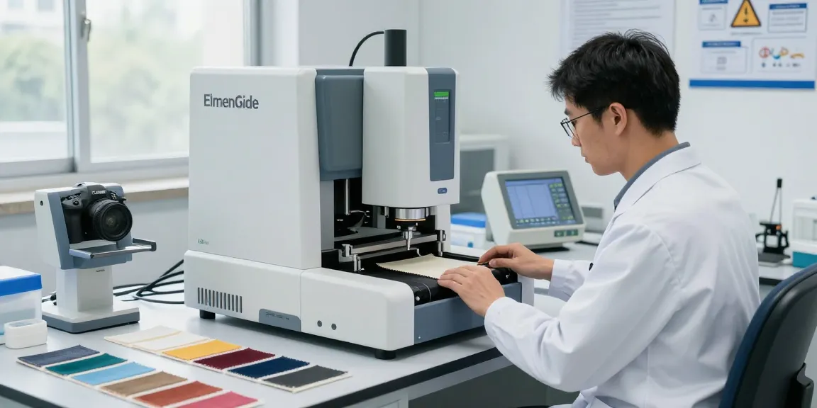 Technician using the tearing strength tester to measure fabric durability in a modern lab setting.