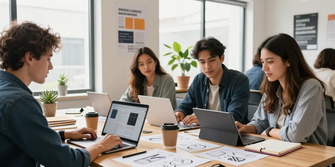 Entrepreneurs designing websites for startups in a bright modern workspace