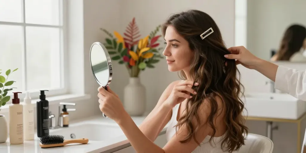 Woman styling her hair with invisible clip in hair extensions human hair in a modern bathroom.