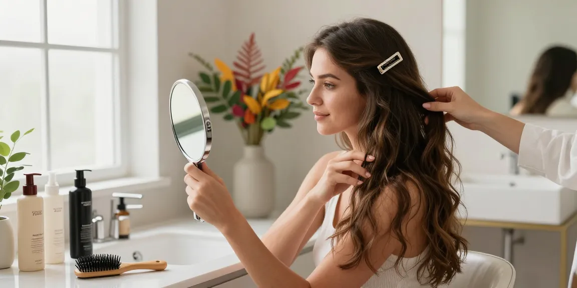 Woman styling her hair with invisible clip in hair extensions human hair in a modern bathroom.