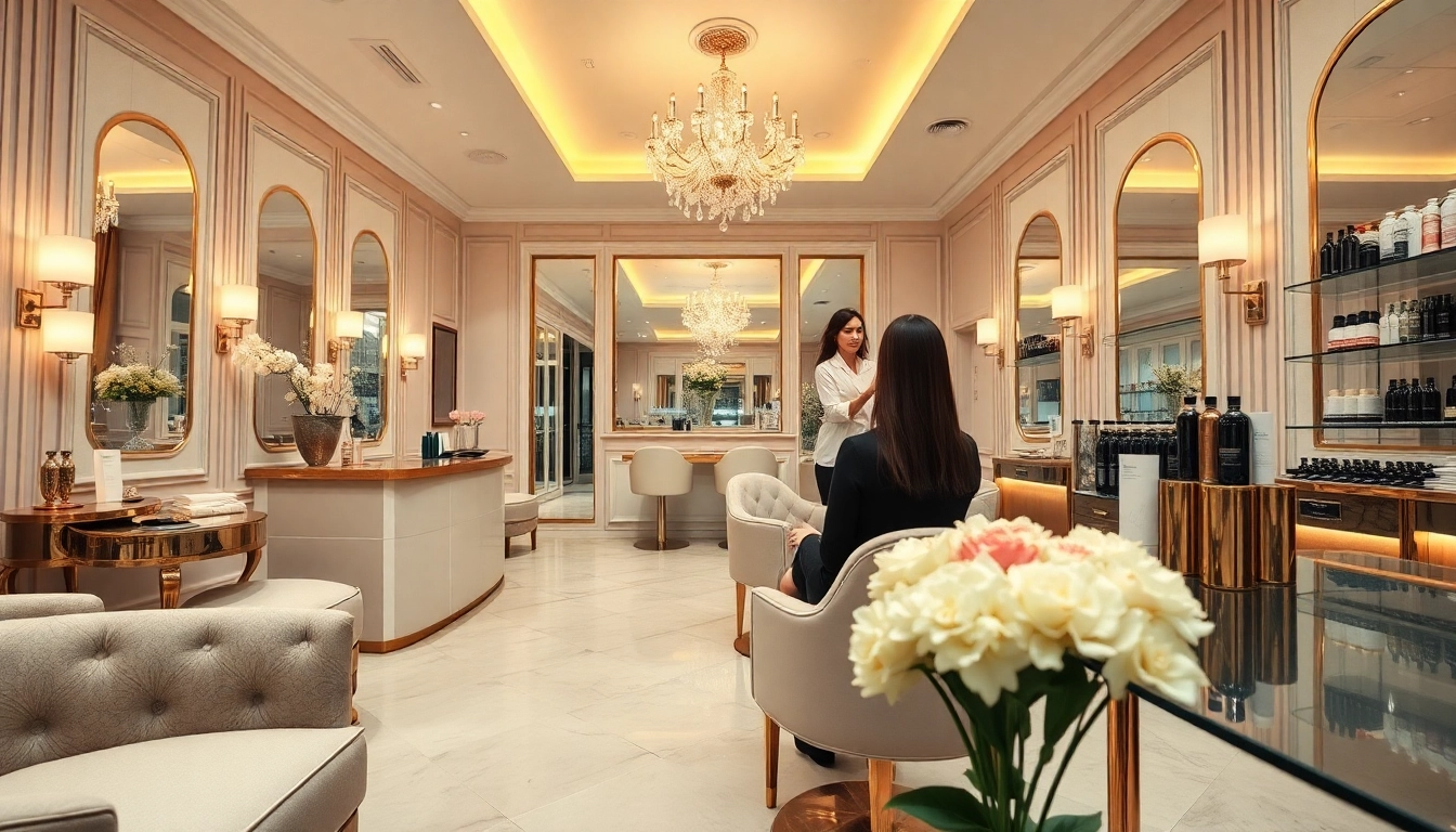 Interior of luxury hair salons with elegant decor and a stylist attending to a client.
