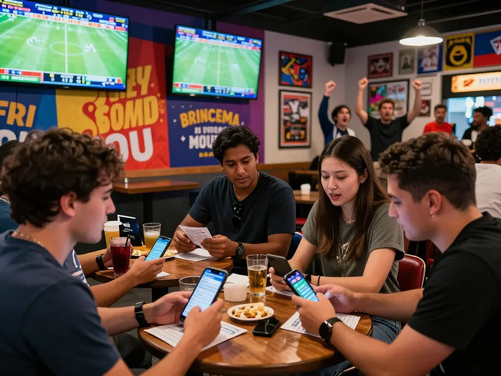 Friends enjoying Judi Bola betting in a lively sports lounge filled with excitement and colorful displays.