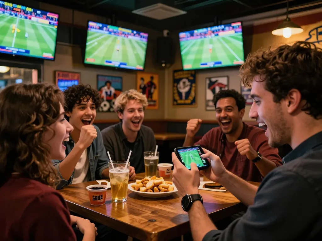 Pengalaman taruhan mobile SBOBET di bar olahraga yang ramai dengan teman-teman bersorak dan layar dinamis.