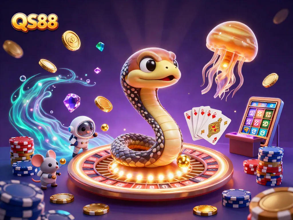 Engage in excitement with QS88's gaming universe, featuring a cosmic roulette wheel and vibrant winning elements.