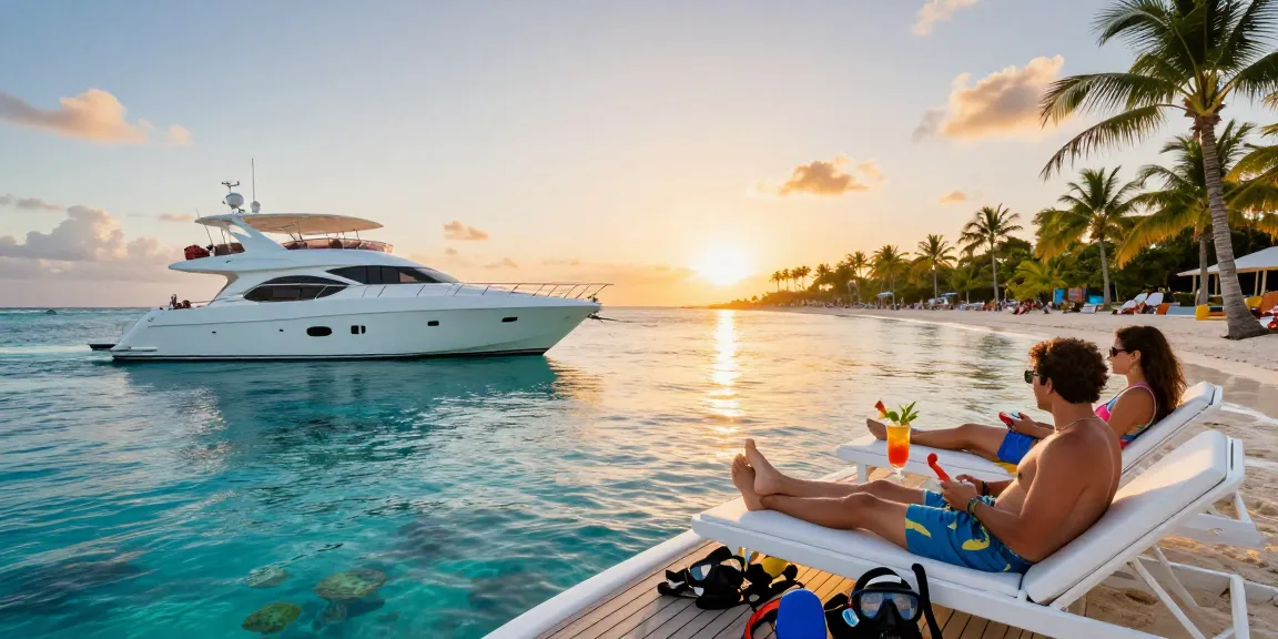 Luxurious yacht rental Punta Cana, guests enjoying sunset views with tropical drinks and snorkel gear.