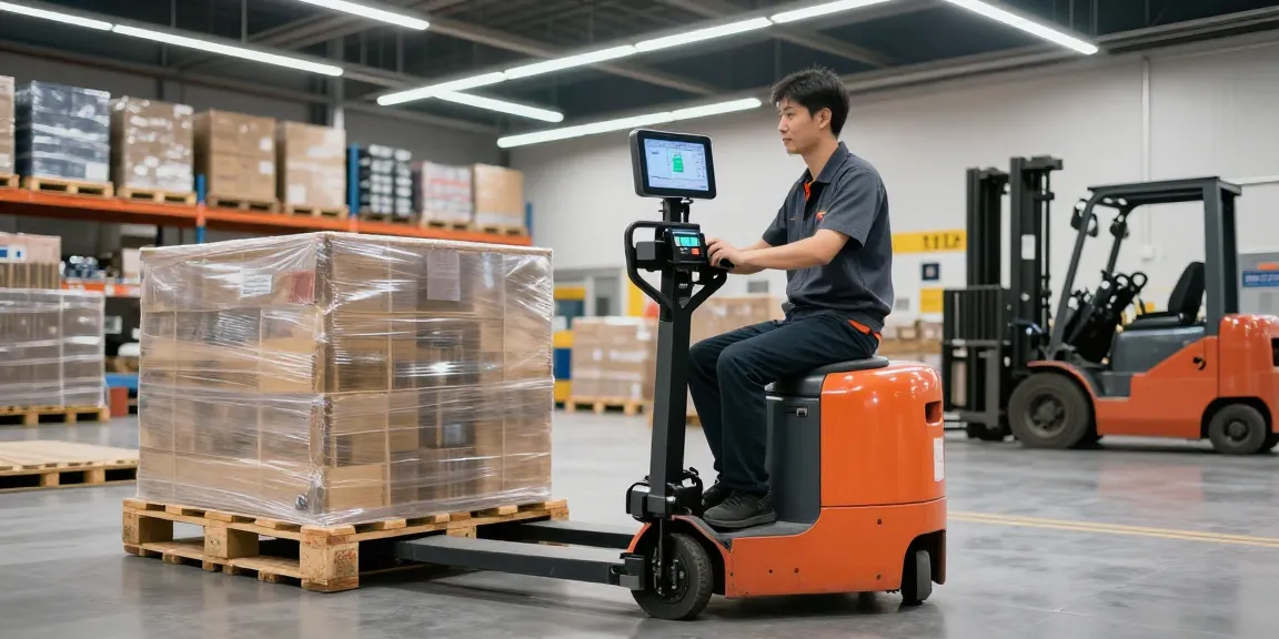Electric pallet truck with scale and printer for sale in use at a busy warehouse, showing efficient material handling.