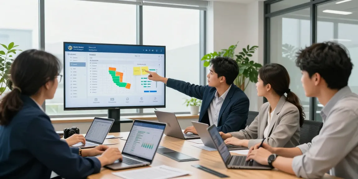 Team collaborating on field service software with scheduling and payments in a modern office.